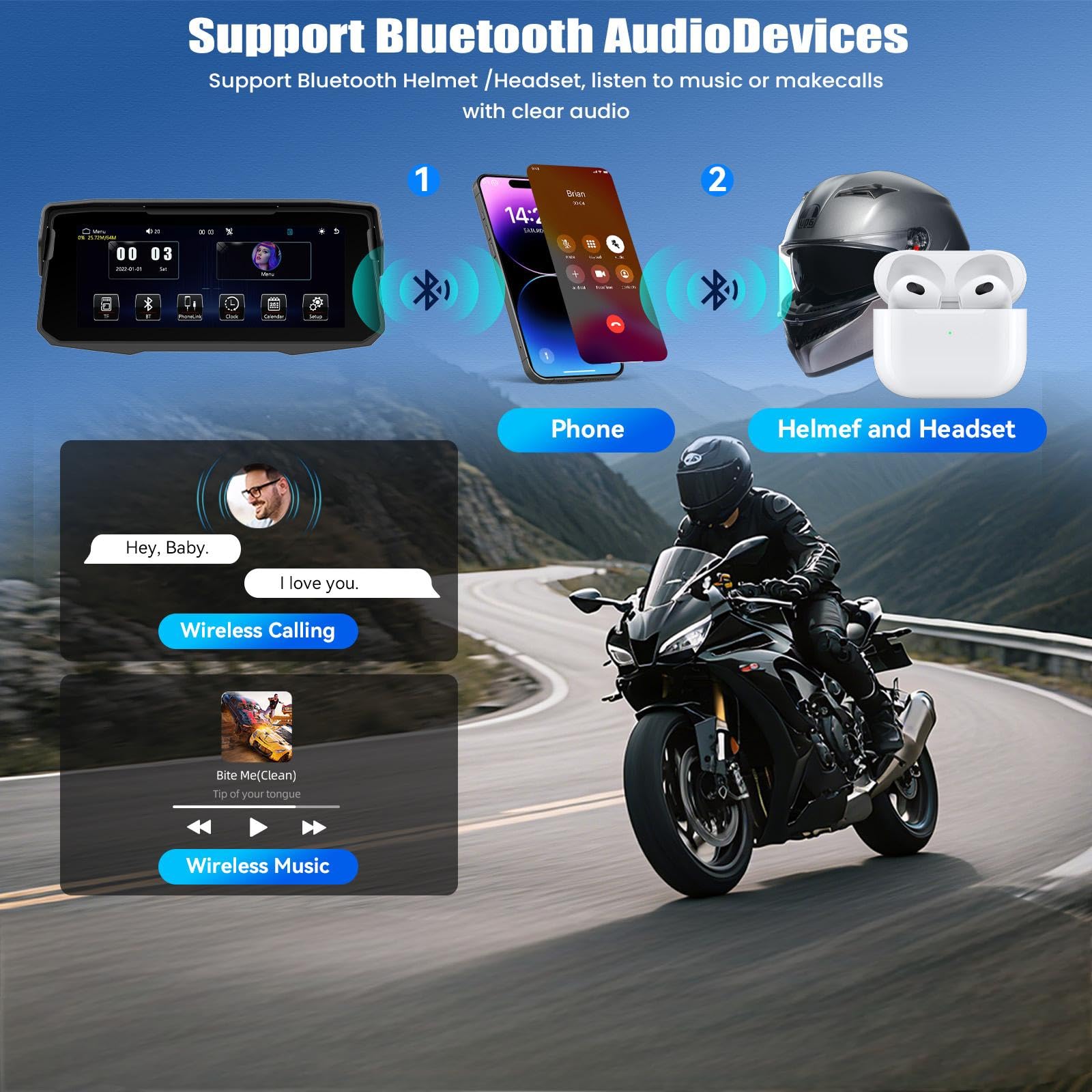 SIXWIN Moto Carplay Schermo, Senza Fili CarPlay e Android Auto,Portatile da 6.68 Pollici Touchscreen Navigazione Moto con Doppio Bluetooth/Airplay/Android Cast/IP67 Impermeabile/Equalizzatore