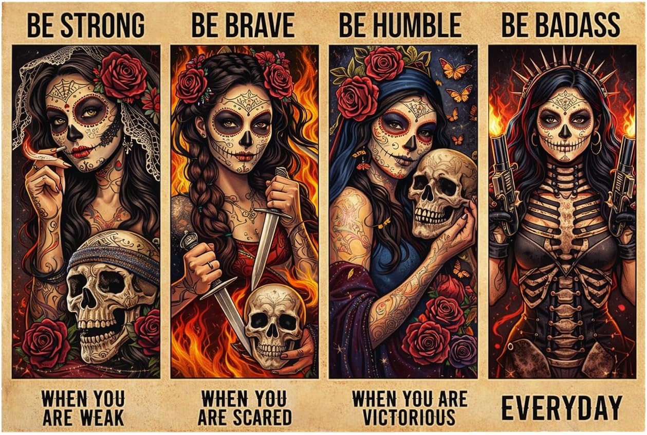 onwq Sugar Skull Wall Art Boho Be Strong When You are Weak Be Brave Be Humble Be Badass Strong Girl Mexican Skull Girl Retro Metal Tin Sign Vintage Sign for Home Office Coffee Wall Decor 8x12 Inch