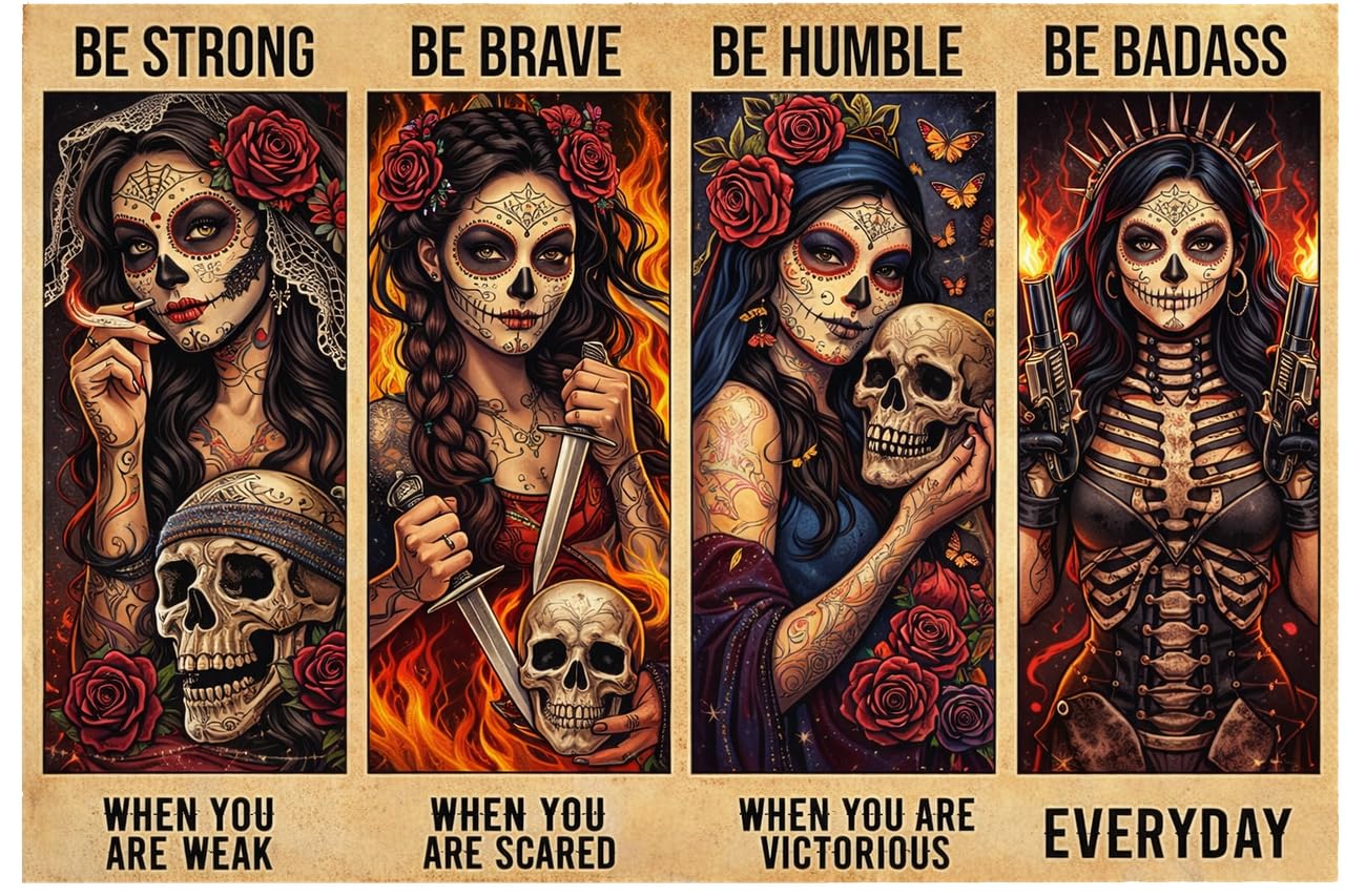 onwq Sugar Skull Wall Art Boho Be Strong When You are Weak Be Brave Be Humble Be Badass Strong Girl Mexican Skull Girl Retro Metal Tin Sign Vintage Sign for Home Office Coffee Wall Decor 8x12 Inch