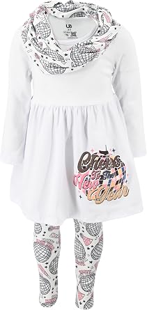Unique Baby Girls Kids Toddler 3pc Outfit Set Long Sleeve Cotton Blend Tunic Top Leggings and Scarf