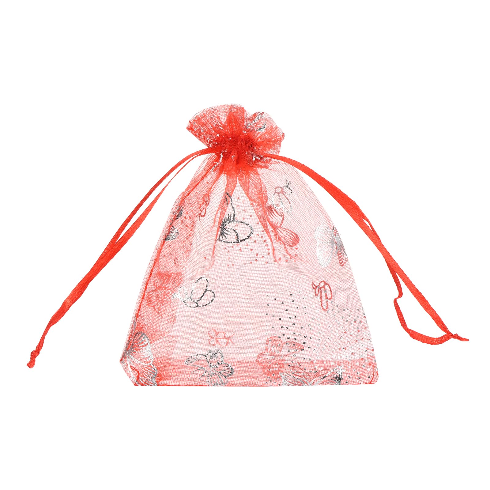 sourcing map Organza Bag 10 x 12cm, Sheer Butterfly Mesh Bags Drawstring Gift Bags Bulk Party Favor Bag Jewelry Pouches for Wedding Candy Valentines (Dark Red-Silver, Pack of 100)