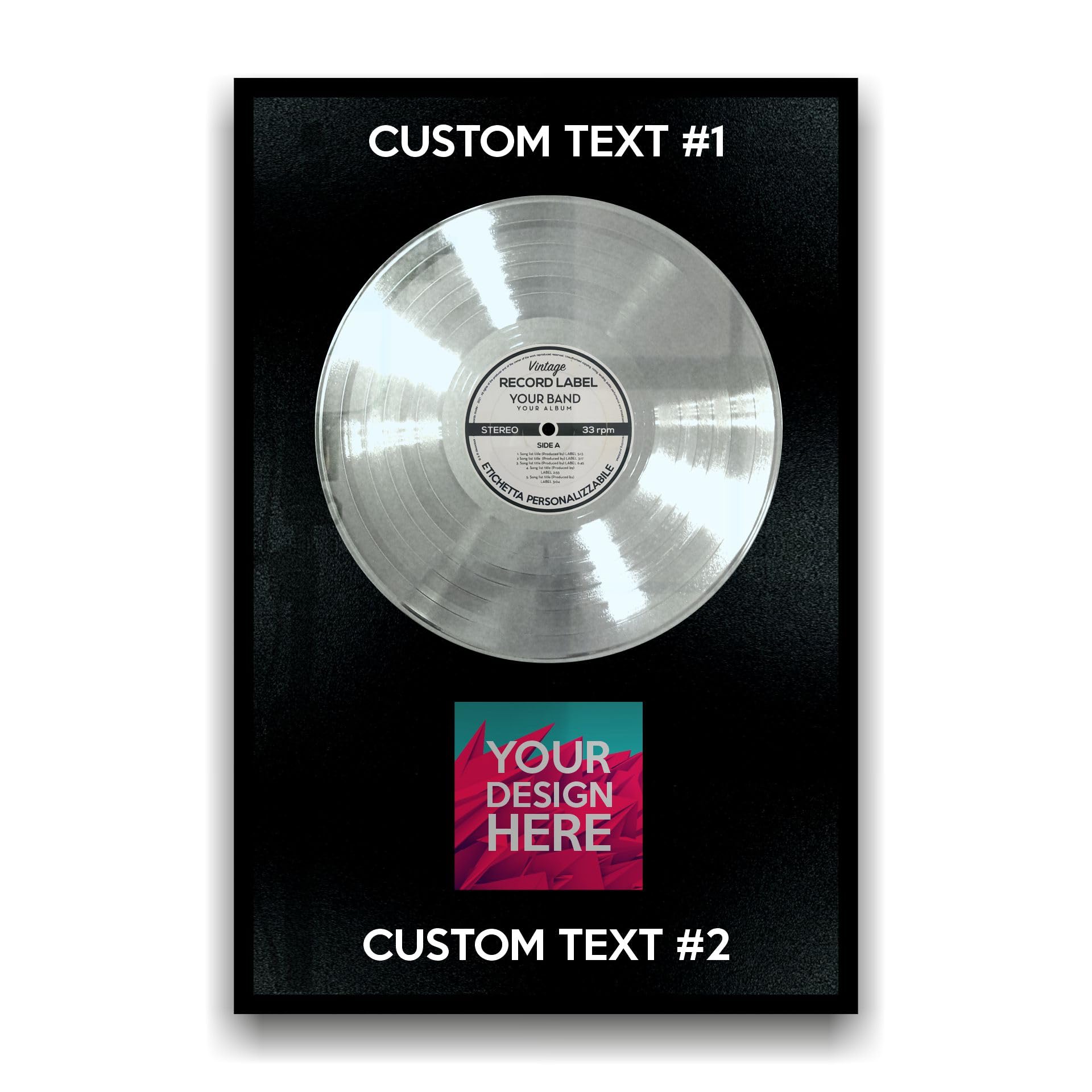 DISCO D'ORO o DI PLATINO incorniciato e personalizzabile - Premio alla carriera - Idea regalo per cantanti, musicisti, artisti e fan (Verticale)
