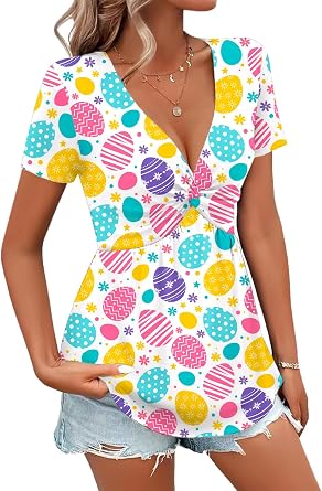 Deerose Women St Patricks Day Short Sleeve Shirt Luck Clover V Neck Shirts Front Knotted Tunic Tops