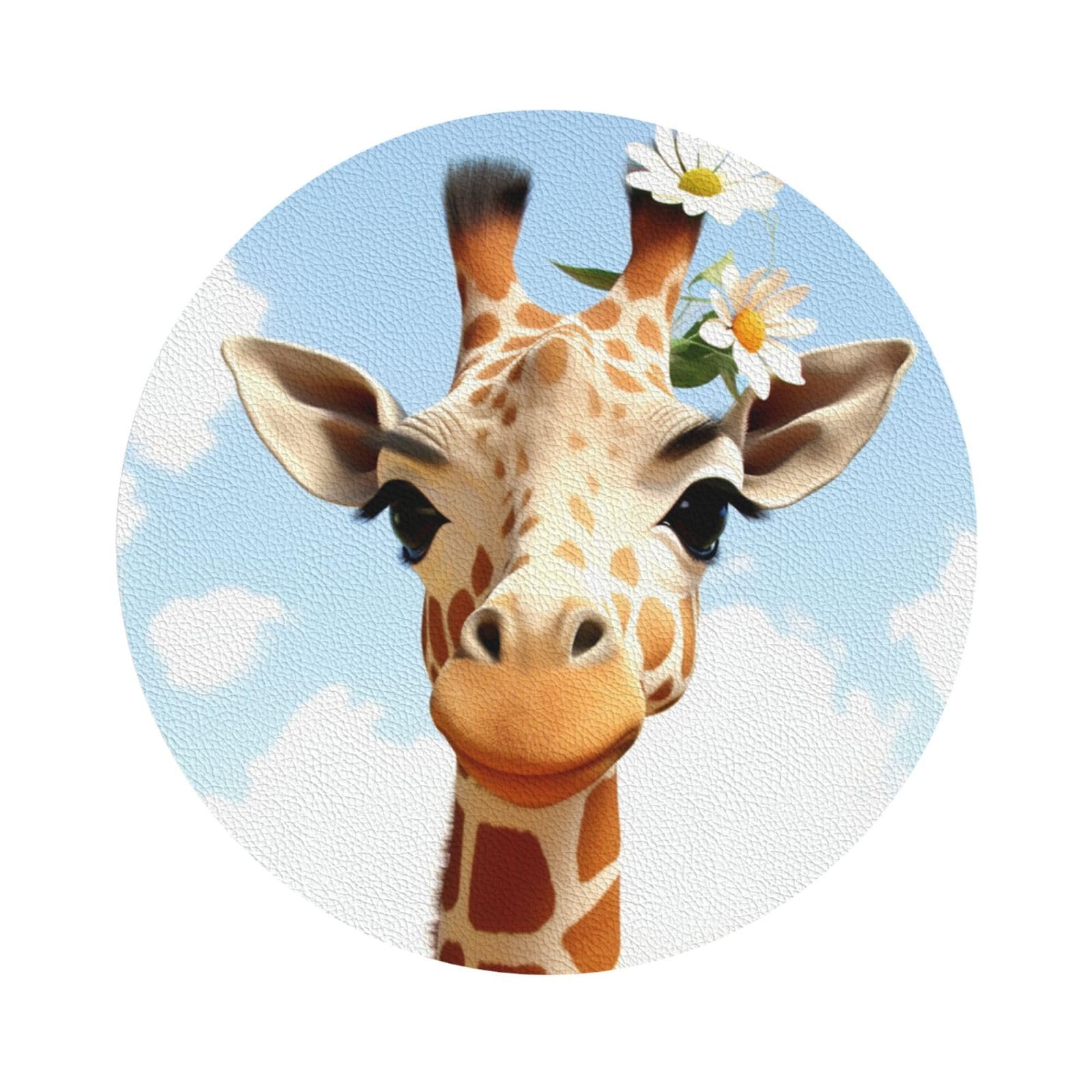 Fodpand Round Shape Giraffe Drink Coasters Set Of 4, Heat Resistant Leather Coasters Fuuny Bar Beer Beverage Coaster For Drinks, Absorbent Cup Mat For Tabletop Protection, Housewarming Gift