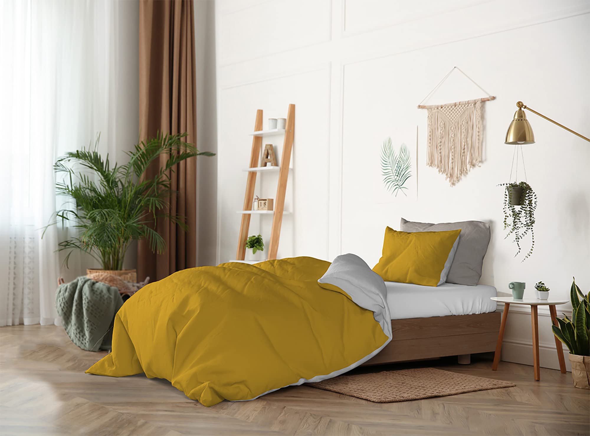 Natural Colour Duvet Cover Set, Mustard/Light gray, Small double - Image 3