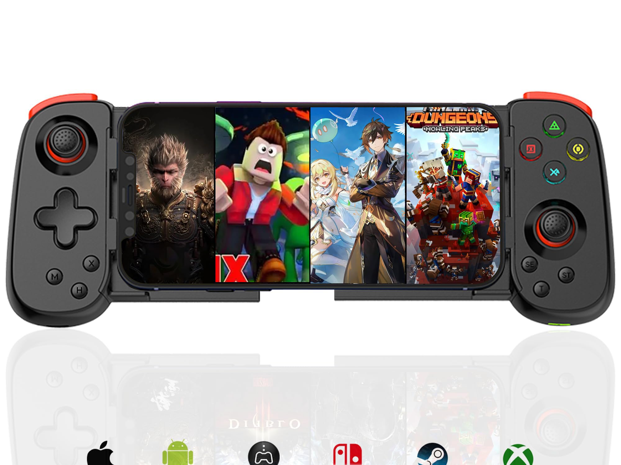 Megadream Controlador inalámbrico para iPhone/Android, MFi Bluetooth Mobile Gamepad para iOS/Switch/Lite/PC/PS/Cloud Gaming Joystick elástico para iPhone 15 14 13/Plus/Pro/Max, Direct Play (negro)