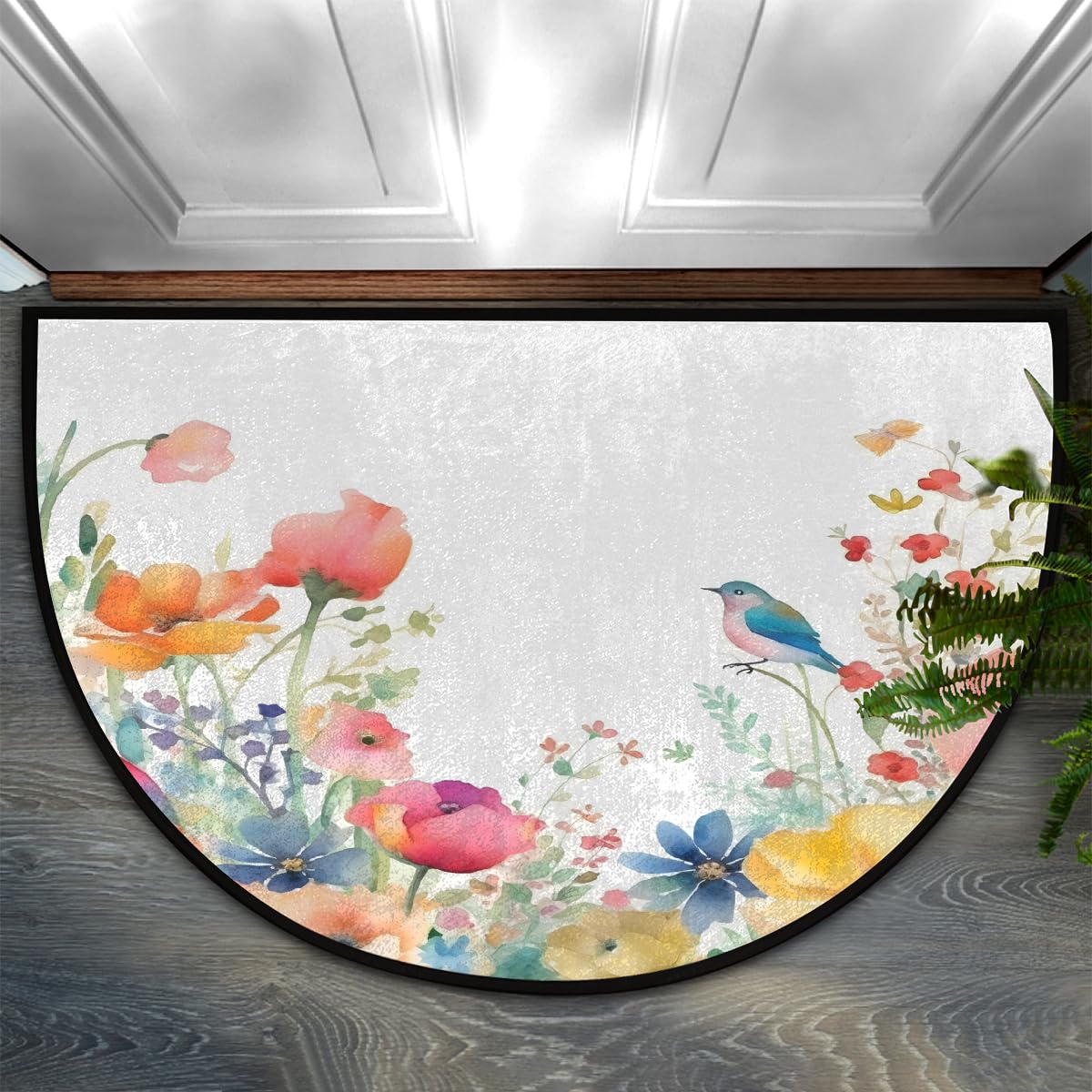 Tapis d'intérieur antidérapant format demi-lune aux motifs floraux colorés