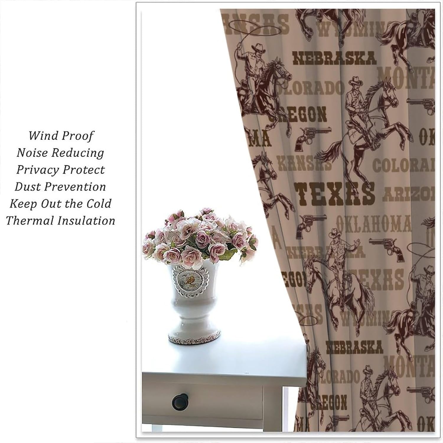 Western Cowboy Blackout Curtain Cowboy with Gun on Horse Retro Vintage Southwestern Themed Decoration Curtains，for Bedroom Living Room ，Brown Coffee Color 42"" W X 45"" L, Style-6