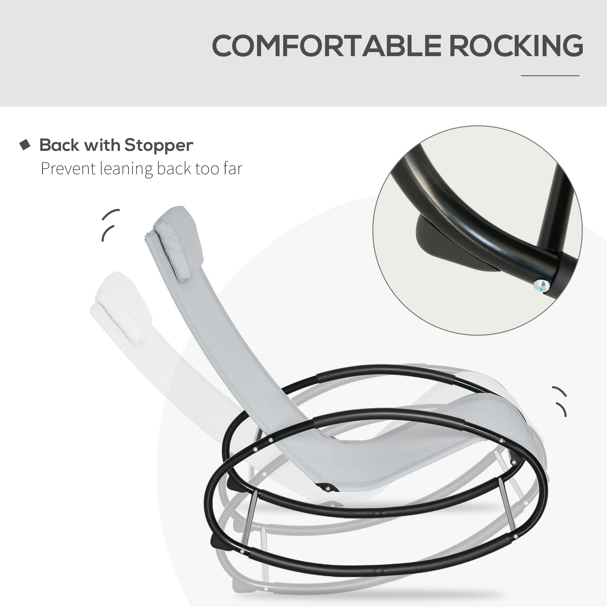 Outsunny Silla mecedora de jardín Zero Gravity, tumbona de jardín ergonómica con cojín y tejido transpirable, para interior y exterior, 105 x 62 x 88 cm, gris