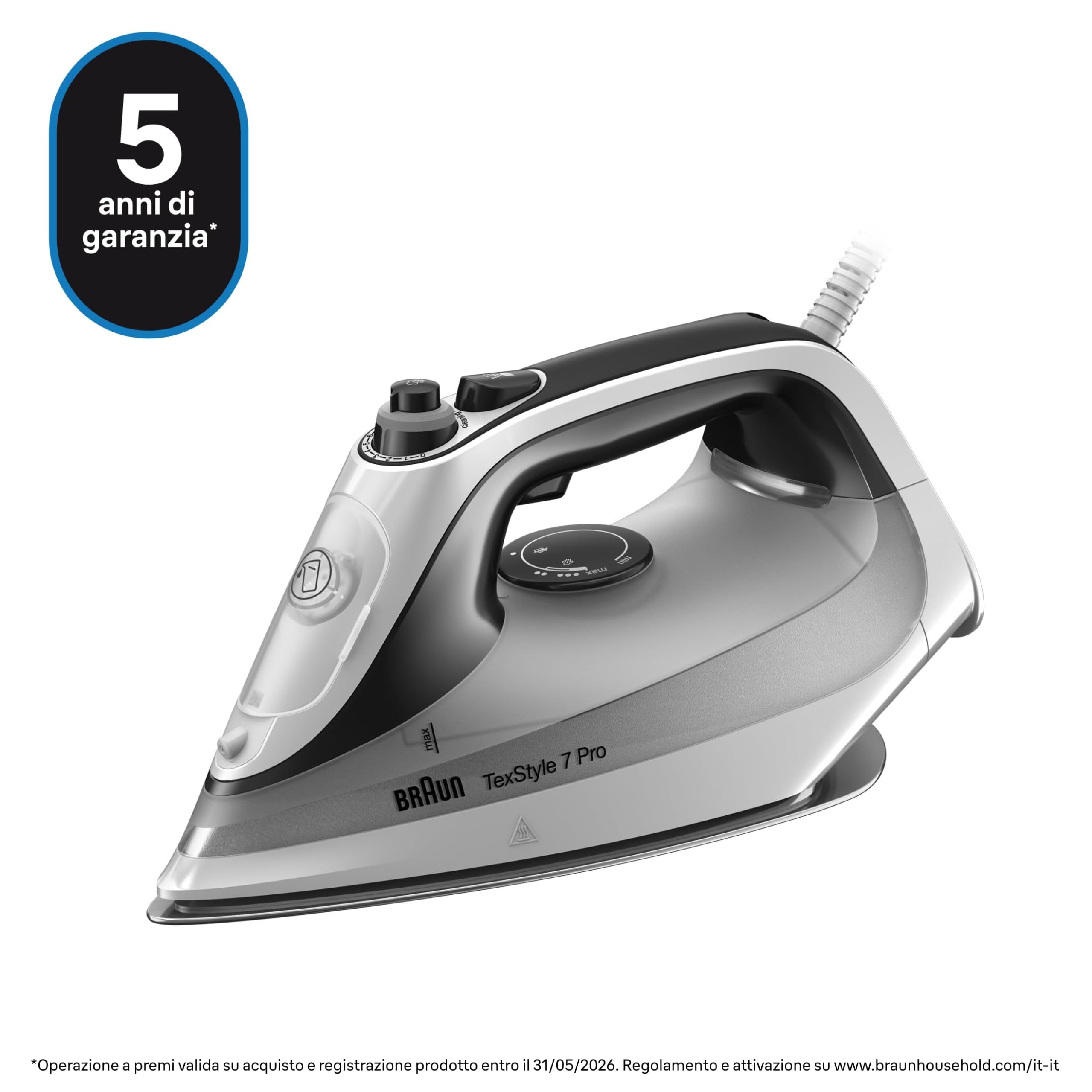 Braun TexStyle 7 Pro SI7149WB, Ferro da Stiro con Piastra FreeGlide 3D EloxalPlus, 220 g/min, Punta di Precisione, Manico Ergonomico, Ricarica da 300ml, Sistema Antigoccia, 2900W, Bianco/Grigio