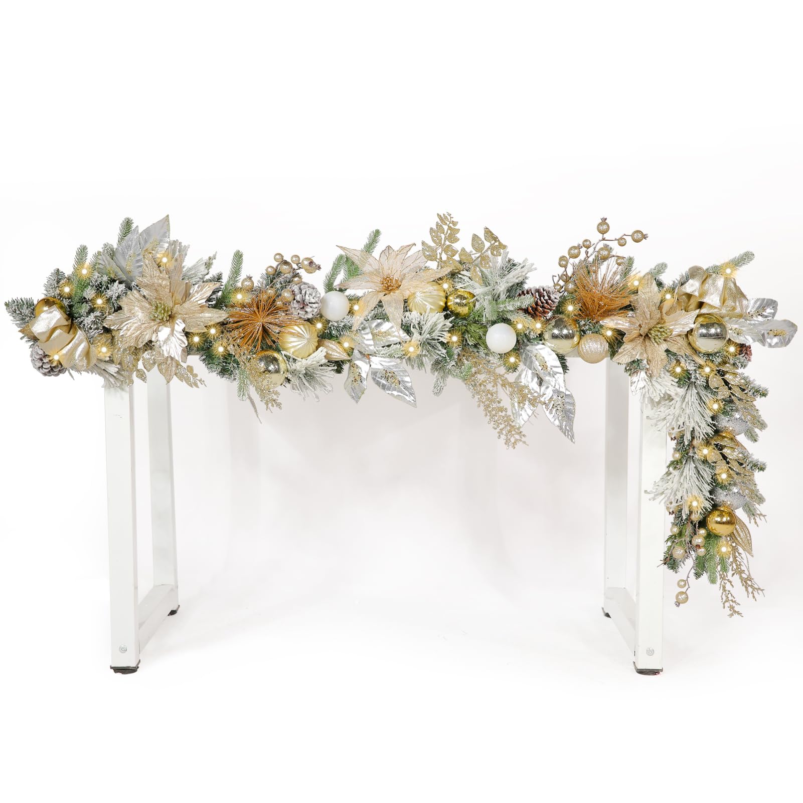 WBHome Pre-lit 6 Feet/72 Inch Christmas Garland, Champagne and Crystal Foliage Garland with 50 LED Lights for Indoor Outdoor Xmas Decor Holiday