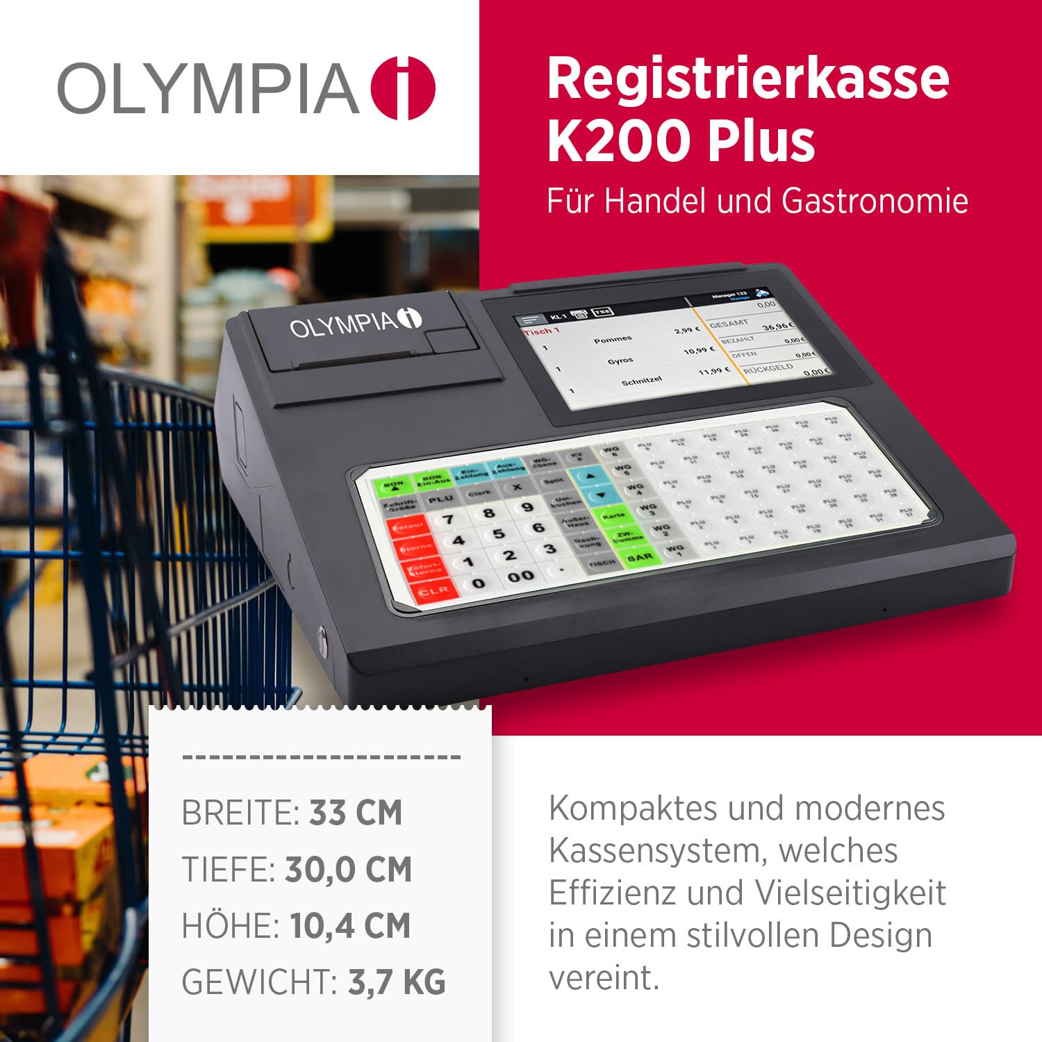 Olympia K200 Plus Registrierkasse 7-Zoll Touchdisplay LED Kundenanzeige 80mm Thermodrucker Flachtastatur 84 Tasten grafisches Bonlogo