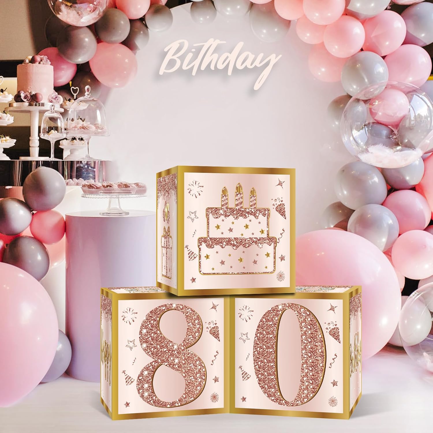 3Pcs 80th Birthday Decorations Boxes for Women, Pink Rose Gold 80th Birthday Balloons Boxes Party Supplies, Pink Eighty Year Old Bay Theme Cardboard Box Decor - Image 4