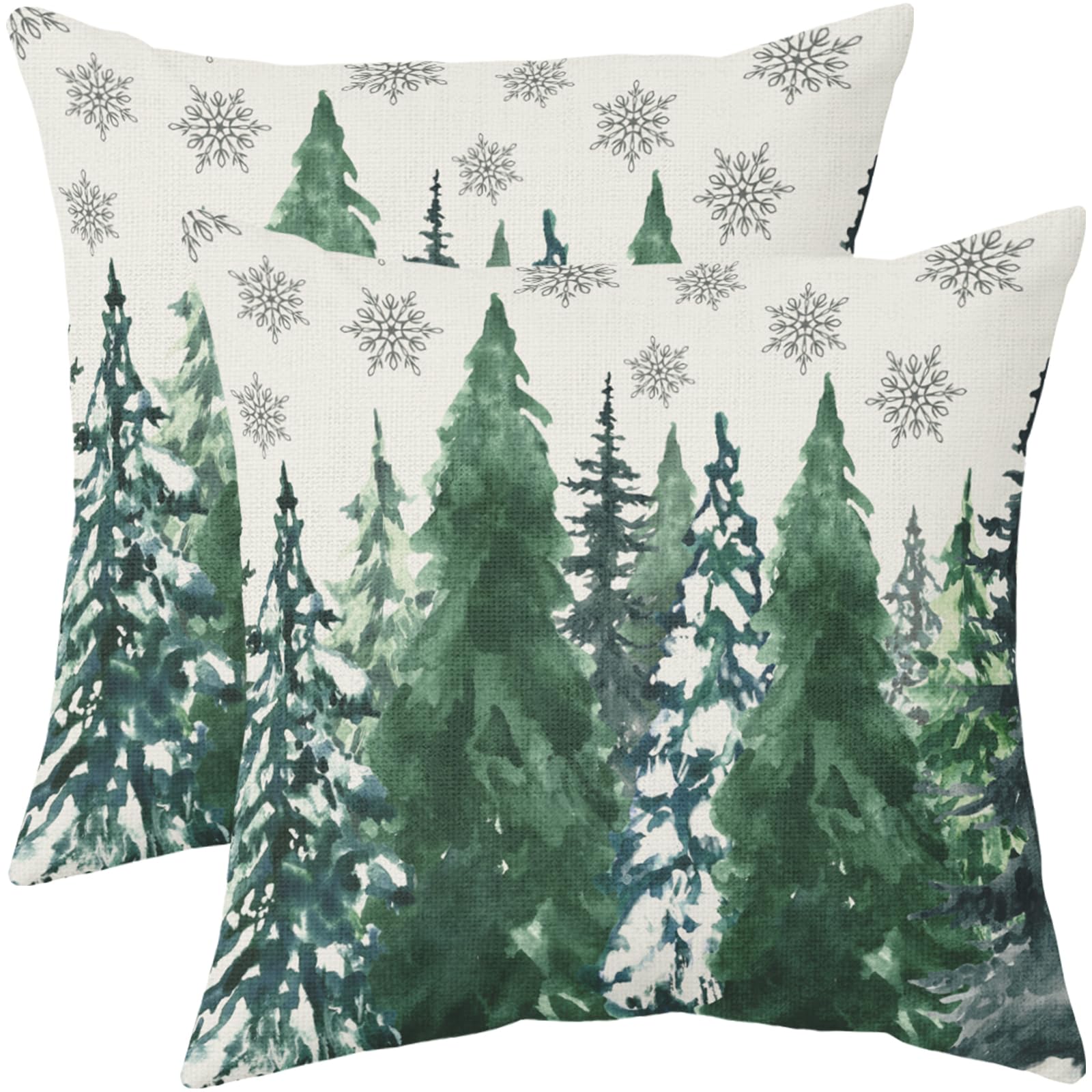 Christmas Pillow Covers 20x20 Set of 2 Rustic Watercolor Tree Snowflakes Green Blue Nature Forest Print Outdoor Decorative Throw Pillows Farmhouse