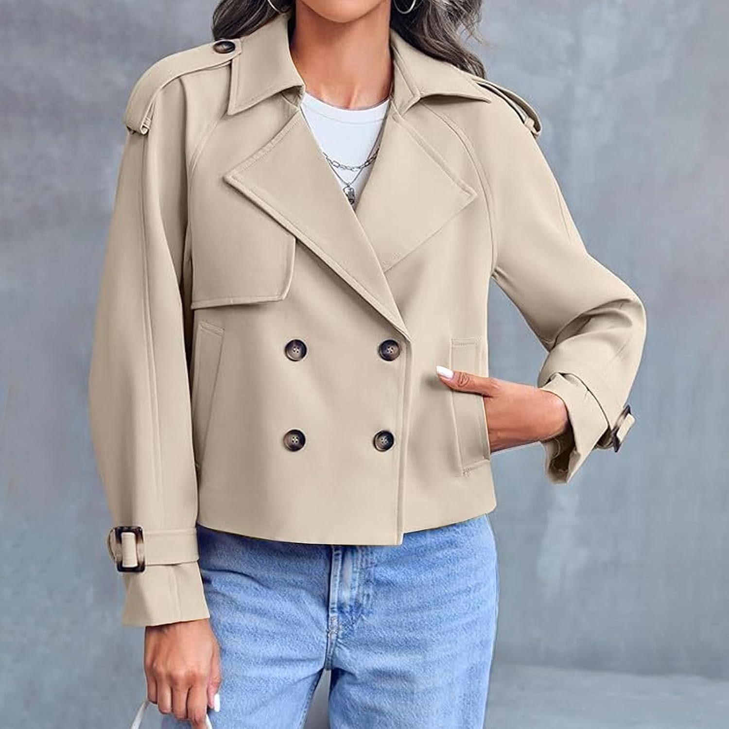 DGHM-JLMY Women's Cropped Trench Coat Double Breasted Short Windproof Jacket with Pockets Lapel Casual Autumn Outerwear