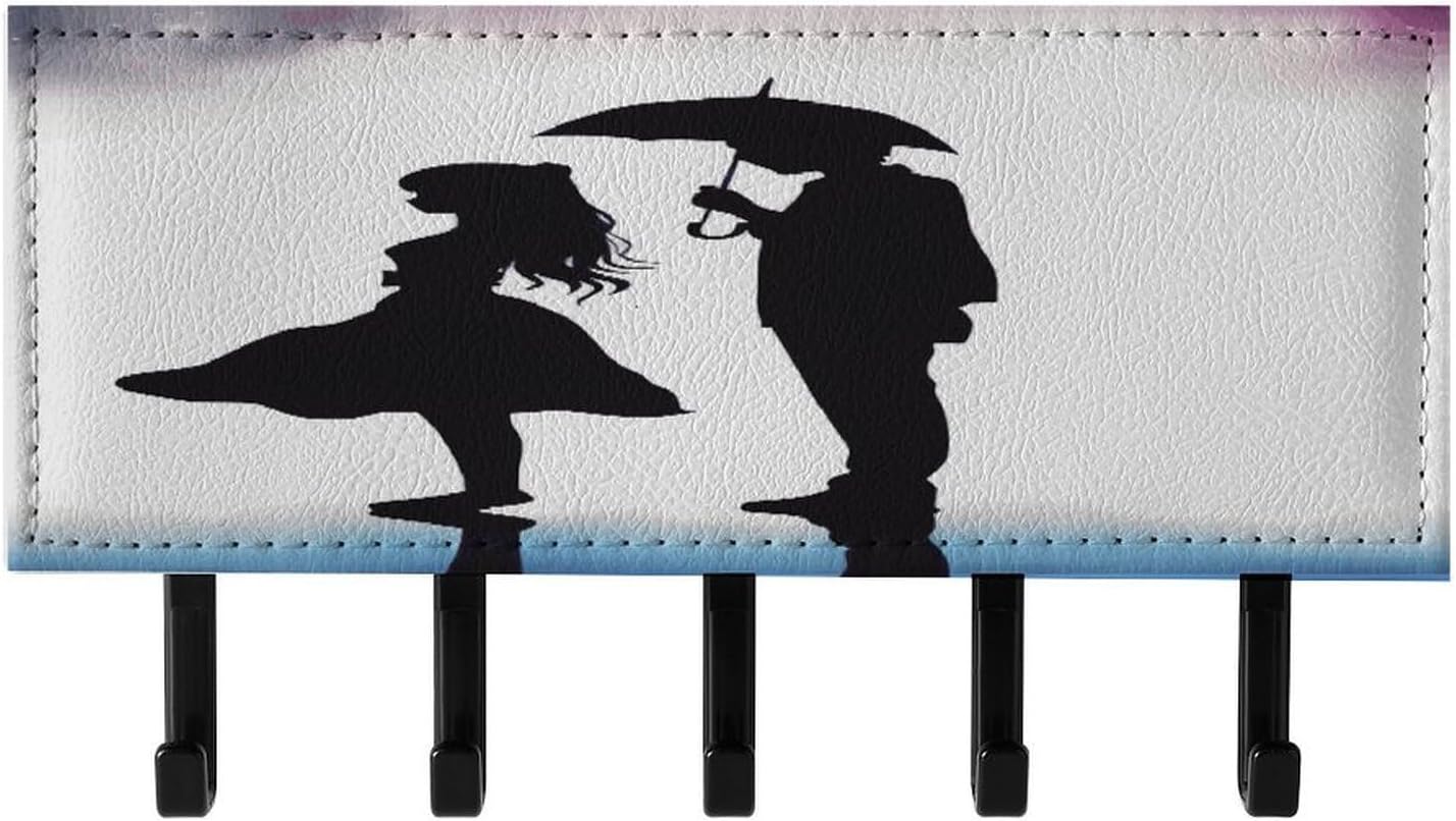 PU Leather Key Holder Wall Mount Key Organizer, Decorative Adhesive Key Rack with 5 Key Hooks, Fashion Anime Lovers Silhouette Key Hanger Decor for Entryway Door Bathroom Kitchen Hallway