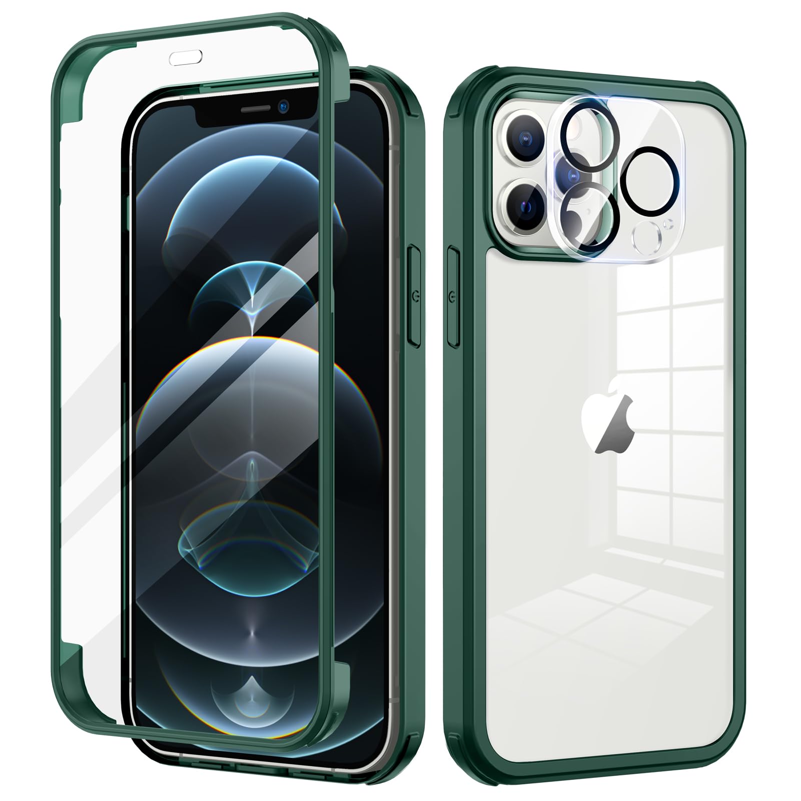 seacosmo Cover per iPhone 12 Pro, [9H HD] con Vetro Temperato Integrato Schermo, Pellicola Fotocamera, 360 Gradi Antiurto Protezione Fronte Retro Rugged Custodia Slim Doppia Faccia Case - Verde