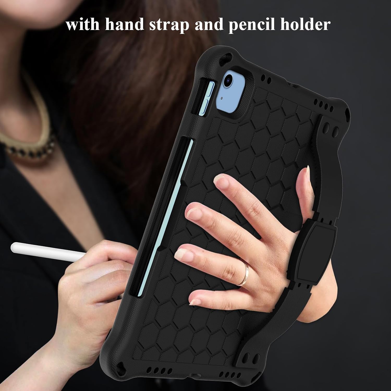 for iPad (A16) 11th Generation 11 Inch 2025 & iPad 10th Generation Case 10.9 inch 2022 with Pencil Holder/Kickstand/Hand Strap/Shoulder Strap Silicone & Hard Shockproof Stand Cover, Black