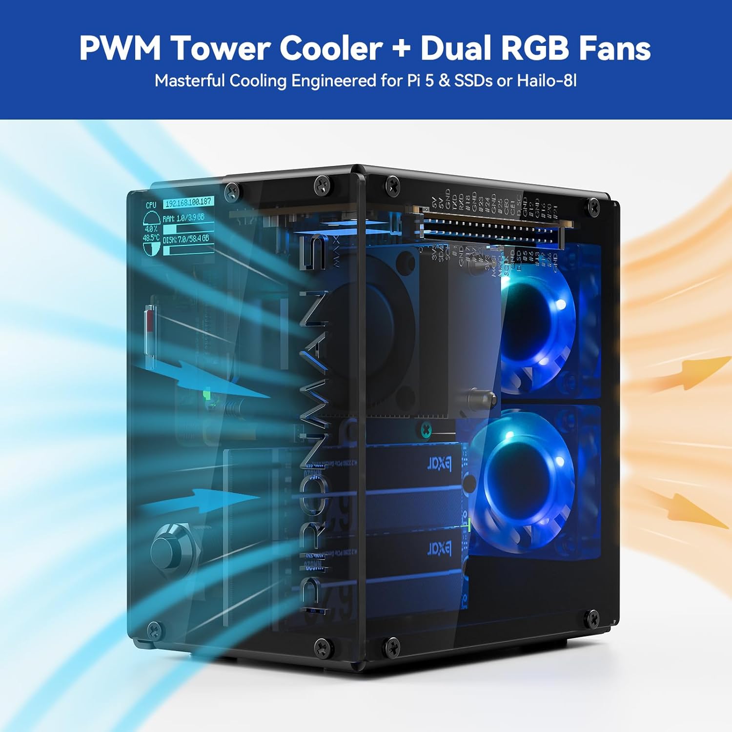 Pironman 5-MAX Dual NVMe M.2 SSD PCIe PC Case with 27W PD Power Supply for Raspberry Pi 5