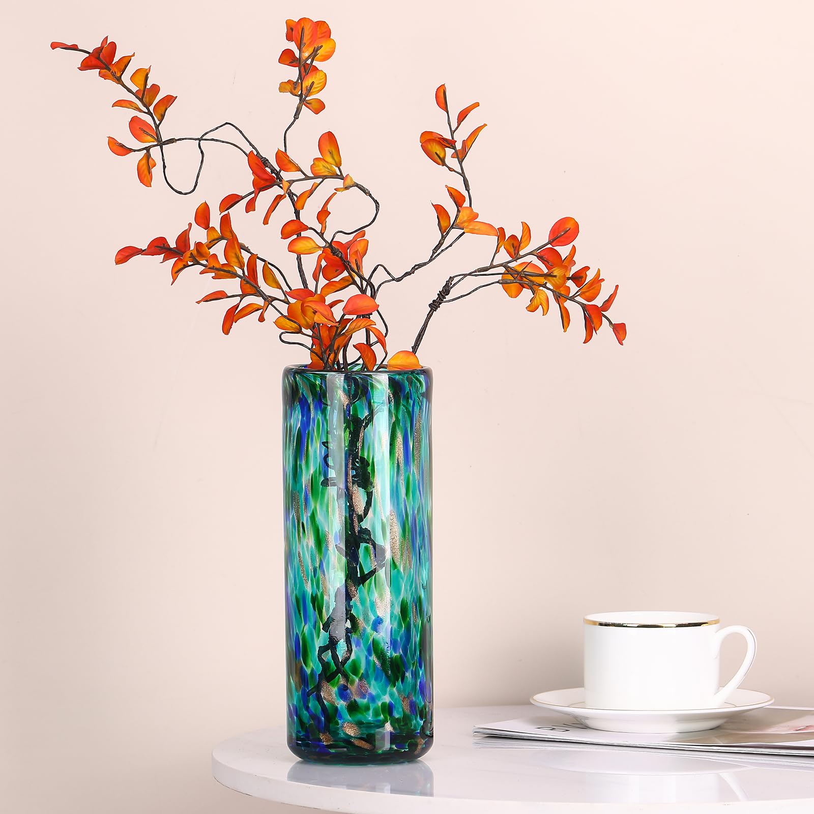 Jarrón verde azulado de 9.45 pulgadas de alto, jarrón de vidrio soplado a mano, moderno, centros de mesa para el hogar, jarrones de boca ancha para decoración de brotes y flores, ideal para sala de