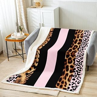 Feelyou Leopard Fur Print Throw Blanket Queen 90" x90 Boys Girls Kids Plush | Cheetah Animals Sherpa Safari Fuzzy Zebra Plush Blanket Fleece Bedroom Decor Black Pink