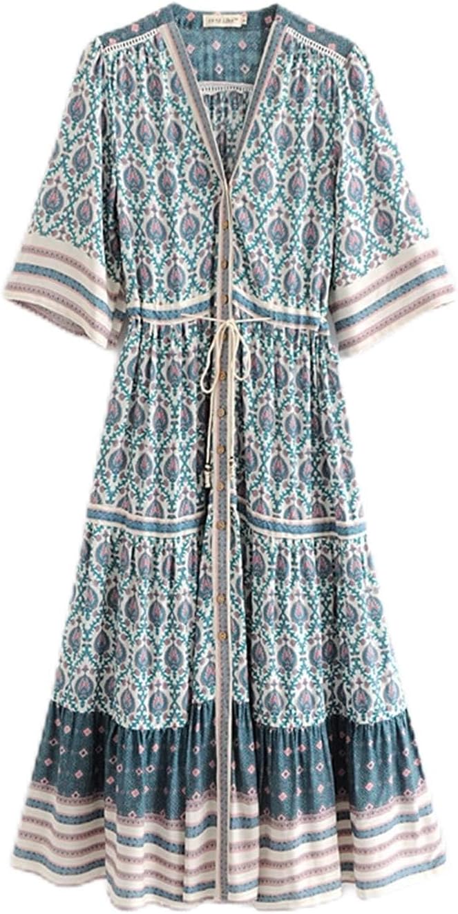 CJWSLYT Dress Women Floral Print Bat Sleeve Beach Long