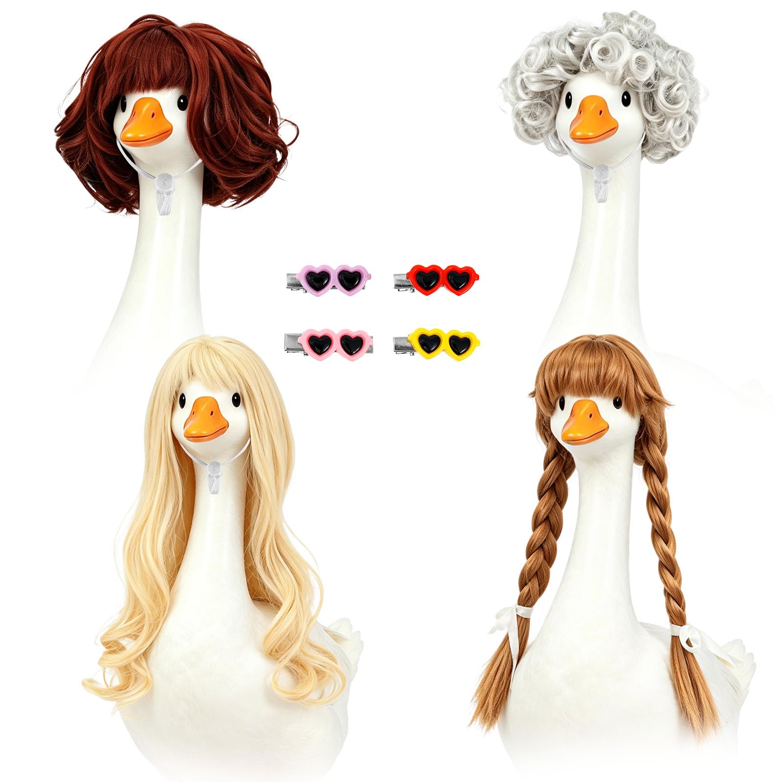 Kuanght 4Pcs Porch Goose Wigs Set, Cute Lawn Statue Wig with Hair Clips and Secure Strap, Geese Dress Costume for Garden, Patio, Yard and Lawn Decoration, DIY Wigs Accessories