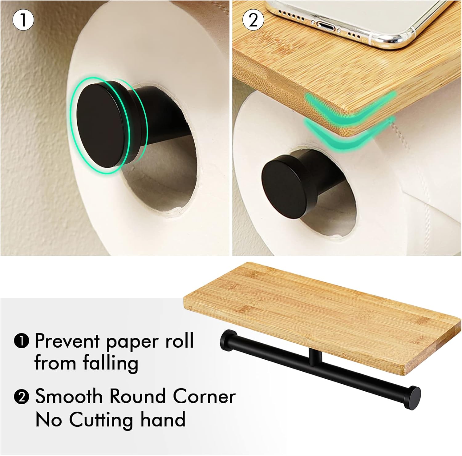 KES Black Toilet Roll Holder with Bamboo Shelf, Double Toilet Paper