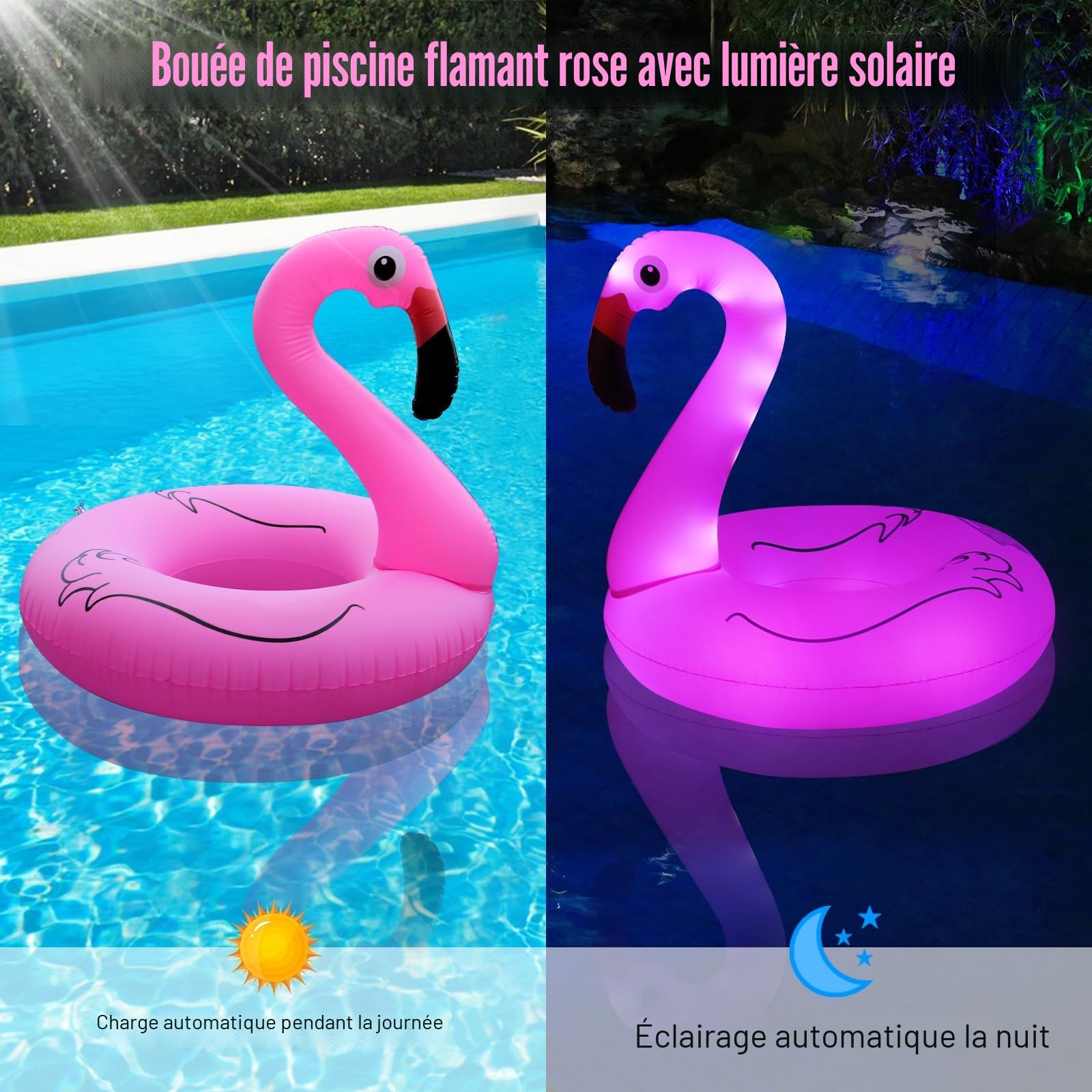 DeeprBling bouée Flamant Gonflable avec Lumières Solaires, Flamant Rose Gonflable, Grand Flamant Bouée Piscine Adulte, Anneau Flotteur Gonflable pour Piscine (105x105x100cm)