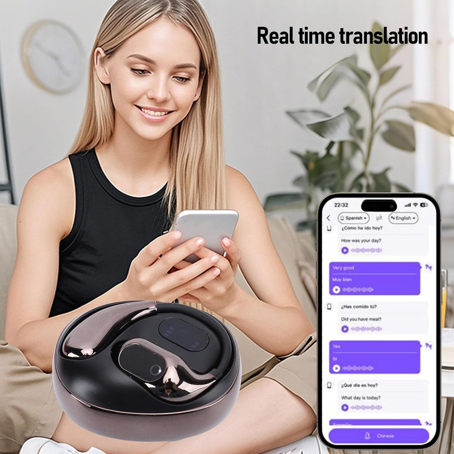 Woman using Jectse XG99 OWS earbuds for real-time translation with a smartphone