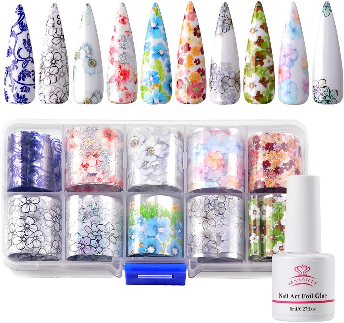 Makartt Nail Art Foil Glue Gel with Flower Foil Set, Natural Flower Nail Foil Stickers 10PCS