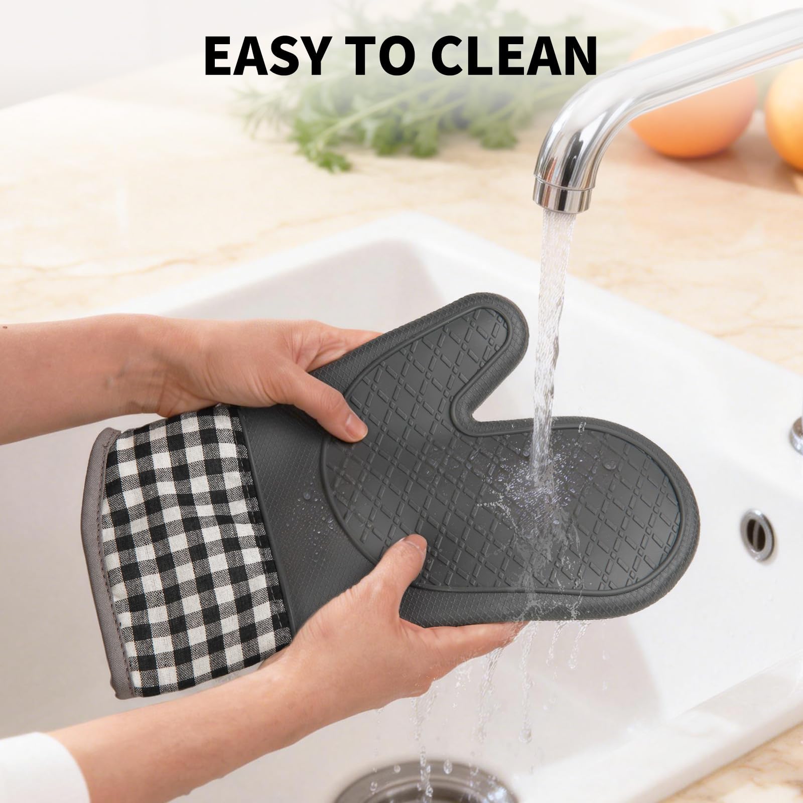 Tifanso Plaid Ofenhandschuhe und Topflappen 4-teiliges Set, Ofenhandschuhe Handschuhe Hitzebeständig mit rutschfester Silikonoberfläche zum Kochen Backen Grillen, Baumwolle Topflappen Pads für Küche