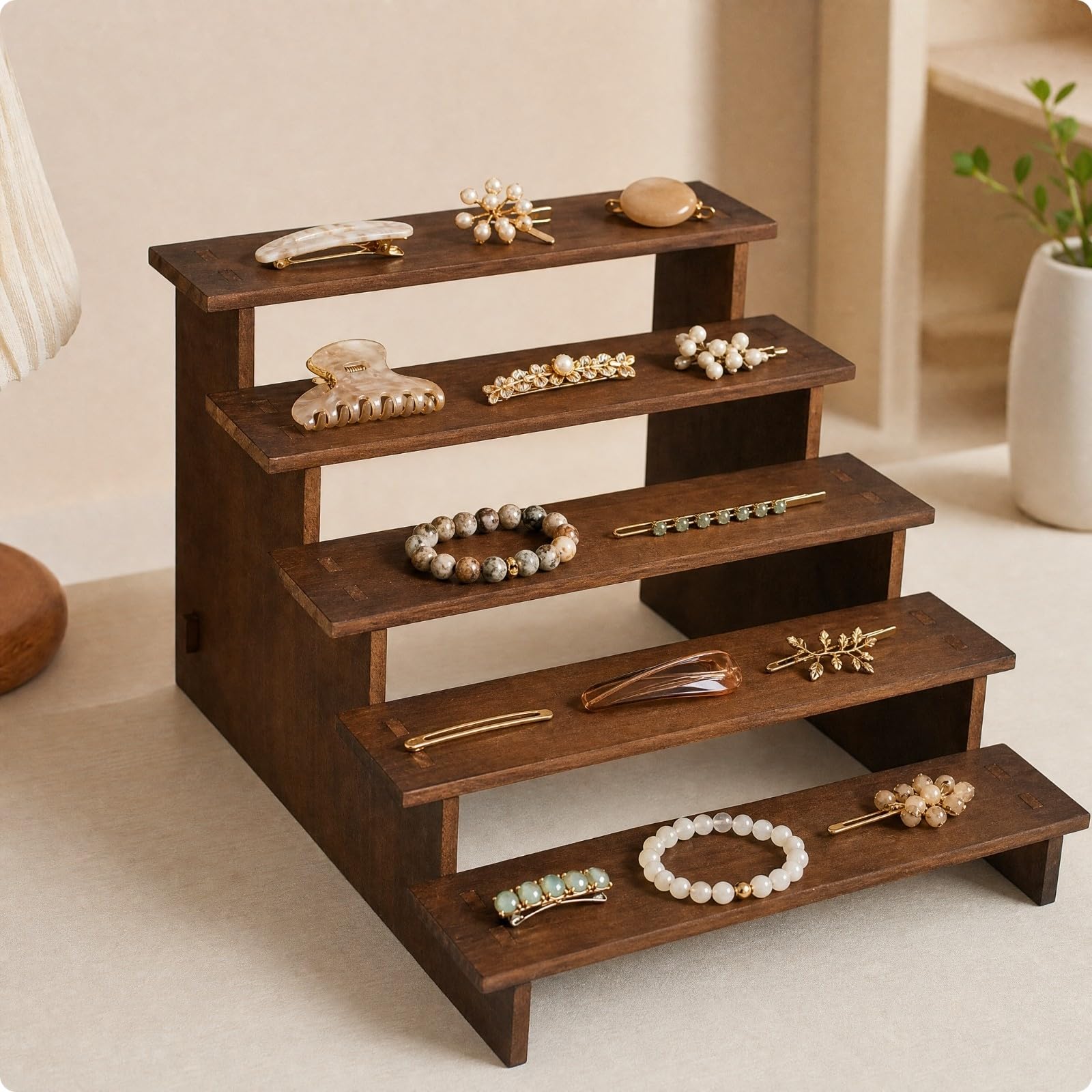 Présentoir à Bijx En Bois Massif Compact Support D'exposition En Bois Finition Marron Vintage Naturel pr Btique, Marché Artinal, 50 Cm, 5 Niveaux