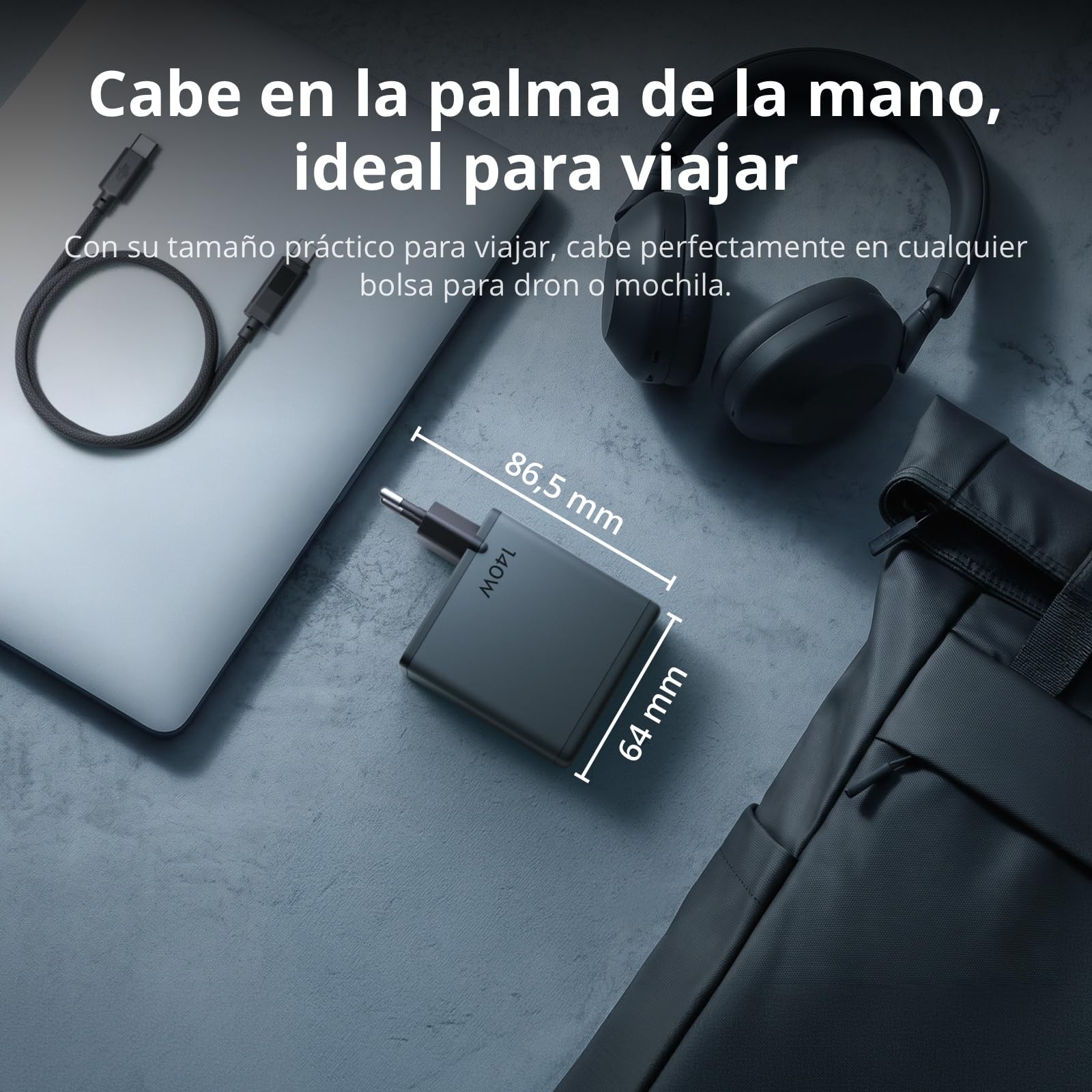 Pack de Carga GAN de 140 W DJI Power con Cable 7 A con Pantalla (1 m) | Salida de 140 W, 3 puertos, control inteligente de temperatura, carga rápida, PD 3.1, cargador para ordenador portátil