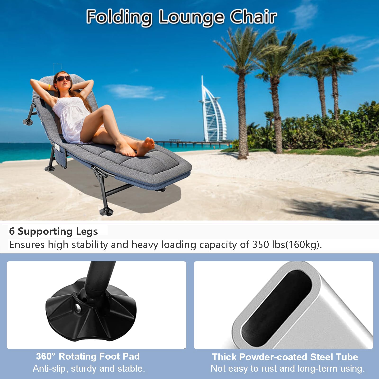 Lettino Pieghevole OVLRIJP | Sdraio Da Giardino Regolabile 6 Posizioni, Con Tasca - Nero, Per Balcone, Spiaggia, Campeggio - Foto 2