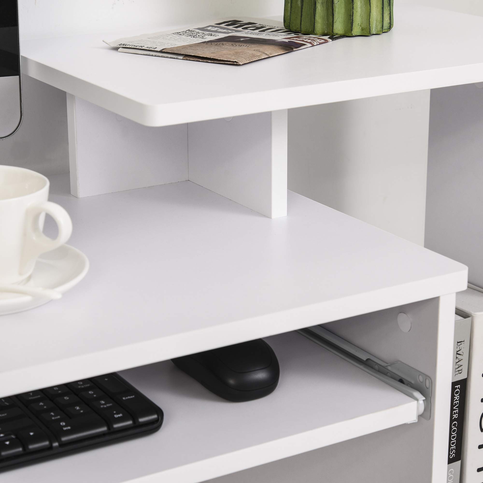 HOMCOM Scrivania Moderna per PC con Ripiano in Legno 100x40x86.6cm Bianco | Mensola Porta Tastiera, Cassetto in Tessuto