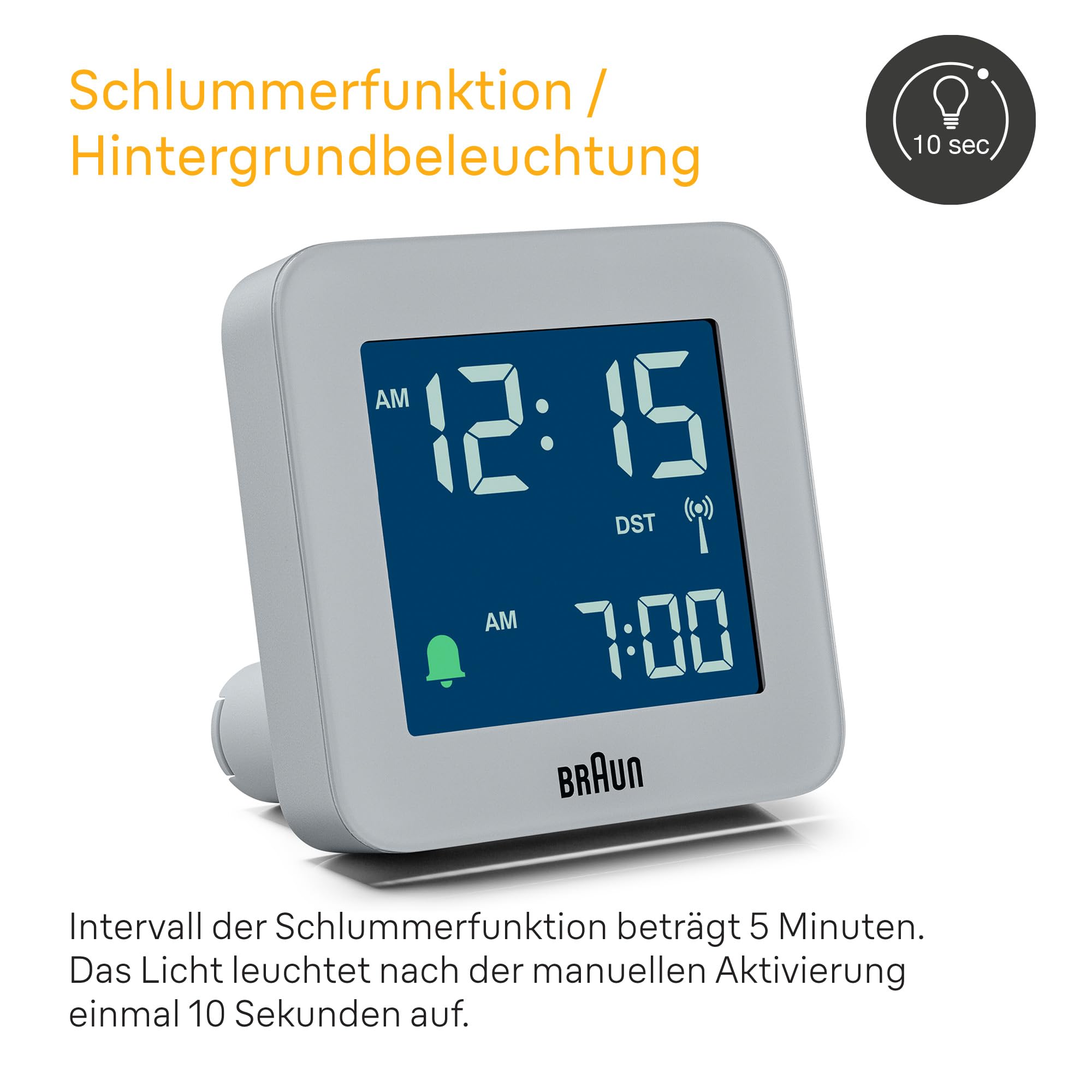 Braun Digitaler Funkwecker für die mitteleuropäische Zeitzone (DCF) mit Schlummerfunktion, LCD-Display, Schnelleinstellung und anschwellendem Alarm-Piepton in Grau, Modell BC09G-DCF.
