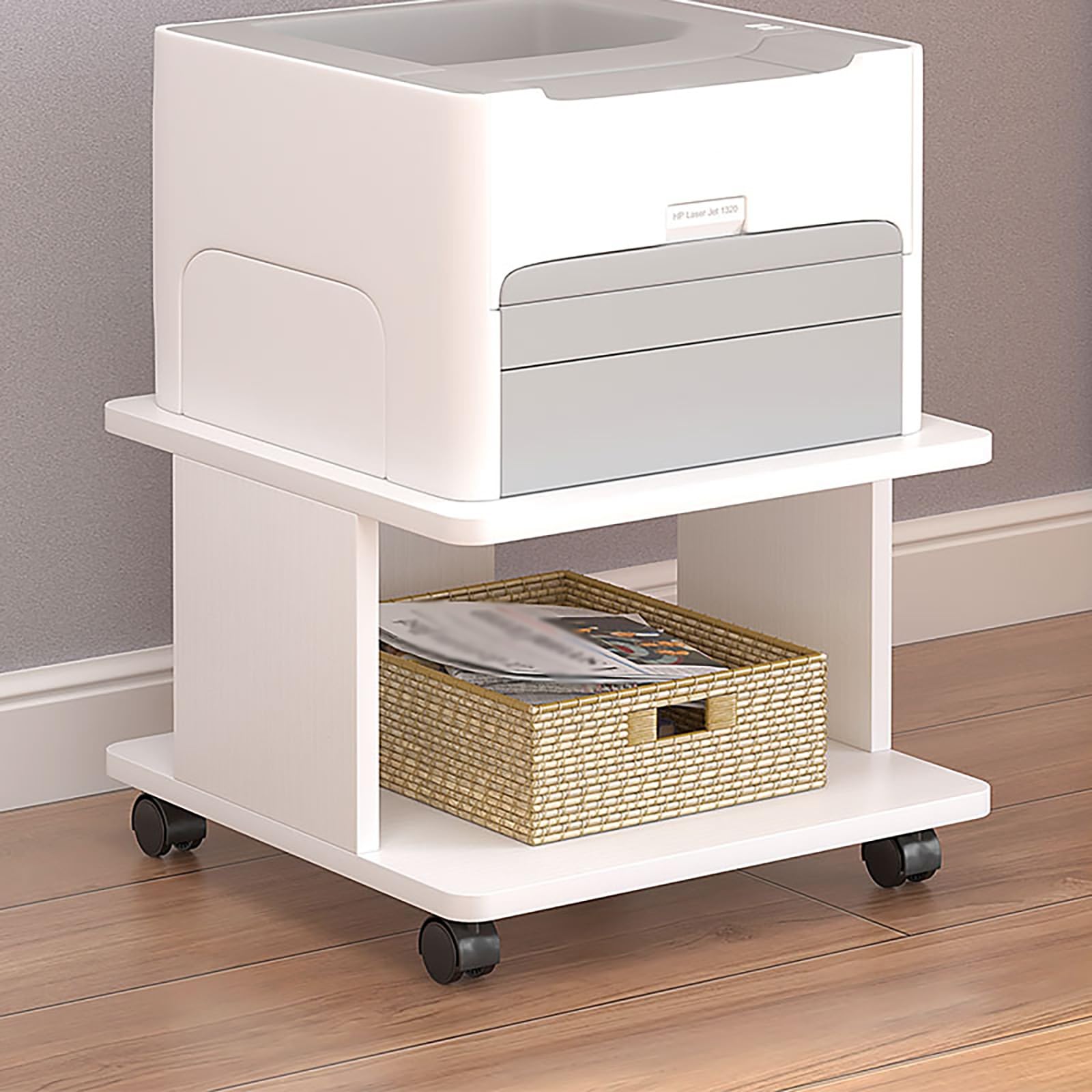 2 Tier Wooden Small Printer Table with Storage, Small Table for Printer, Under Desk Printer Stand, Rolling Printer Cart Shelf with Lockable Wheels for Home, Office(White,40 * 40cm)