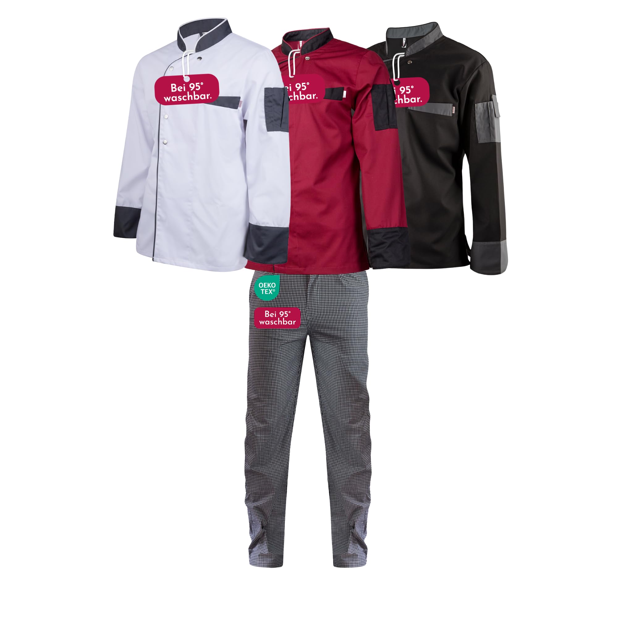 Clinotest Kochset aus Kochjacke & Kochhose Unisex – Profi-Kochbekleidung für Damen & Herren – Waschbar bis 95°C – Atmungsaktiv & robust – individuell auswählbare Größe und Farbe