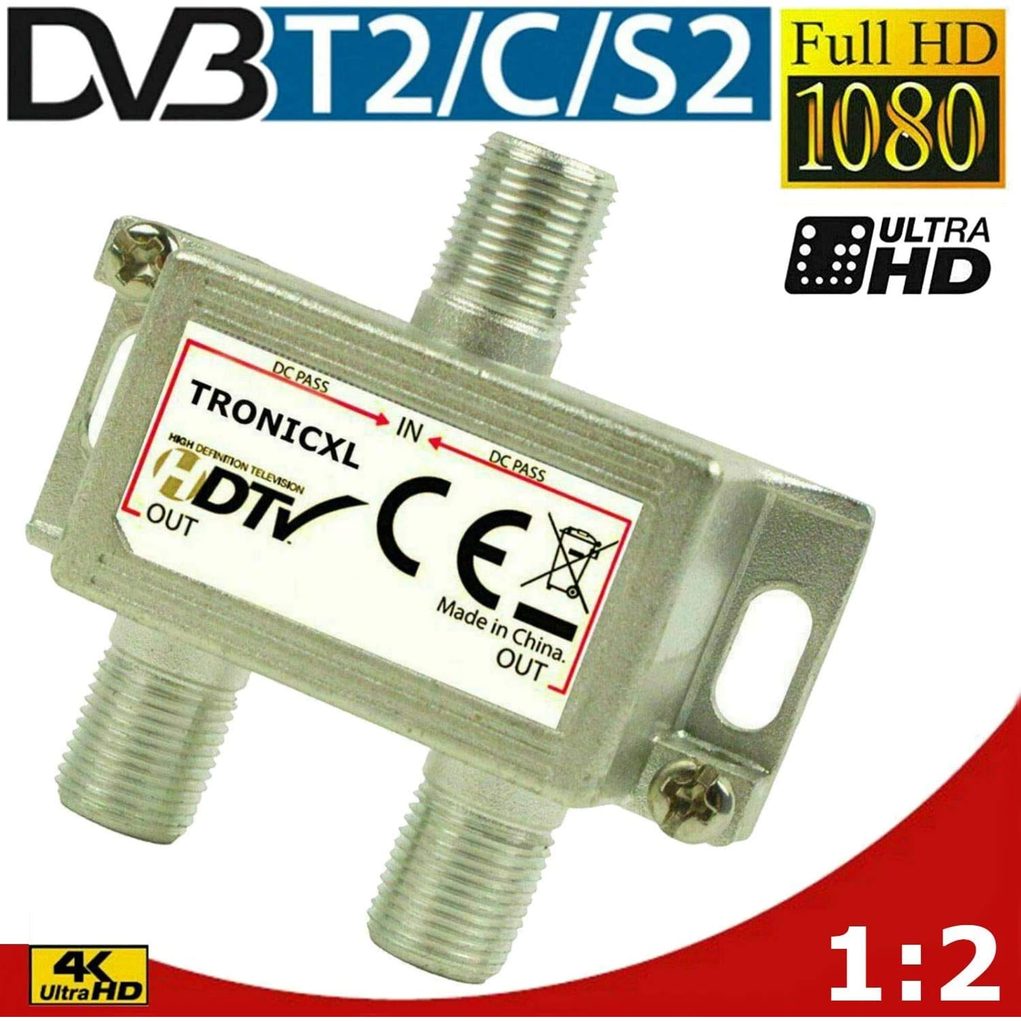 TronicXL Rozdzielacz anteny premium z podwójnym wzmacniaczem satelitarnym, cyfrowy HD I do telewizji satelitarnej DVBT DVBS, Unicable 3D, 4K, HDTV, miękka wkładka do 2 telewizorów (2-krotny, srebrny)