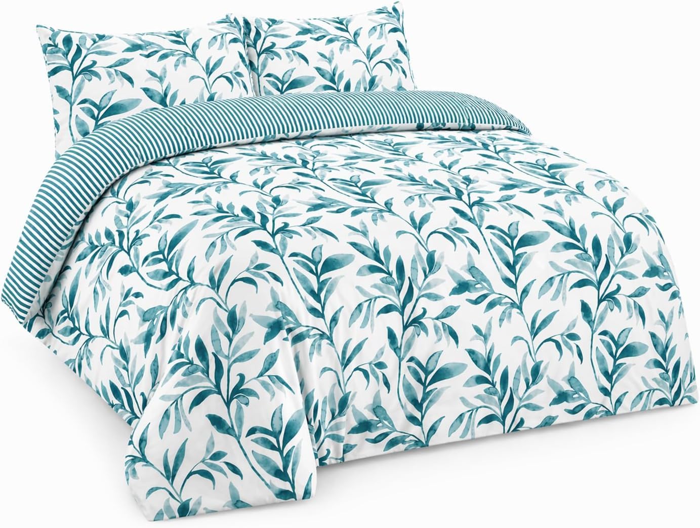 HOMES-LINEN Ellie Leaf Floral Duvet Cover Reversible Stripe Printed Duvet Bedding Set (Teal, Double)