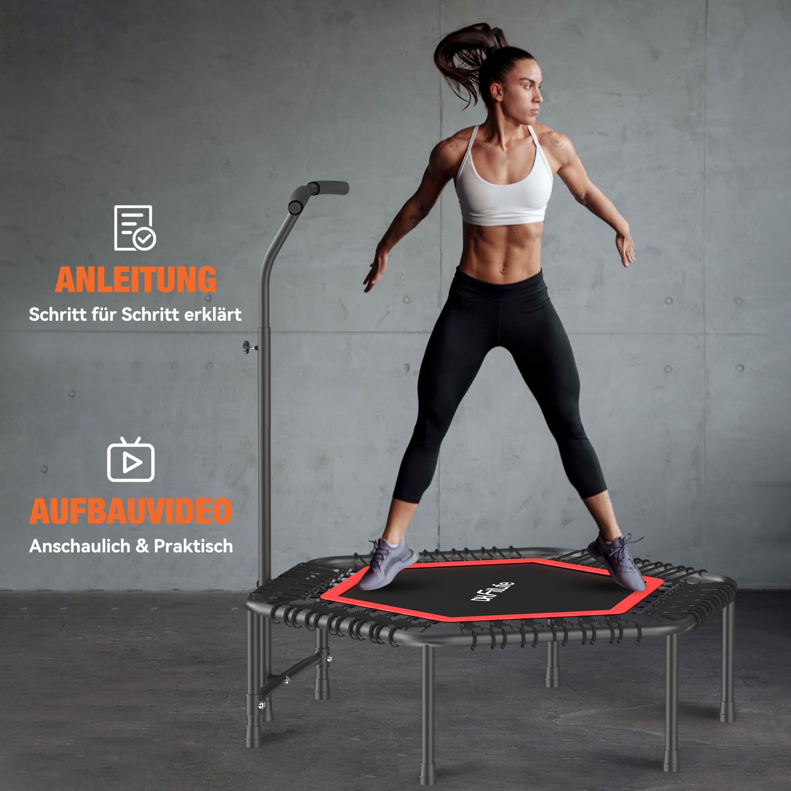 DH FitLife Fitness Trampolin in Studioqualität | Ø114cm 45 Zoll Mini Indoor Trampolin für Cross Jumping | bis 150kg belastbar | höhenverstellbarer Handgriff | Stabil & leise