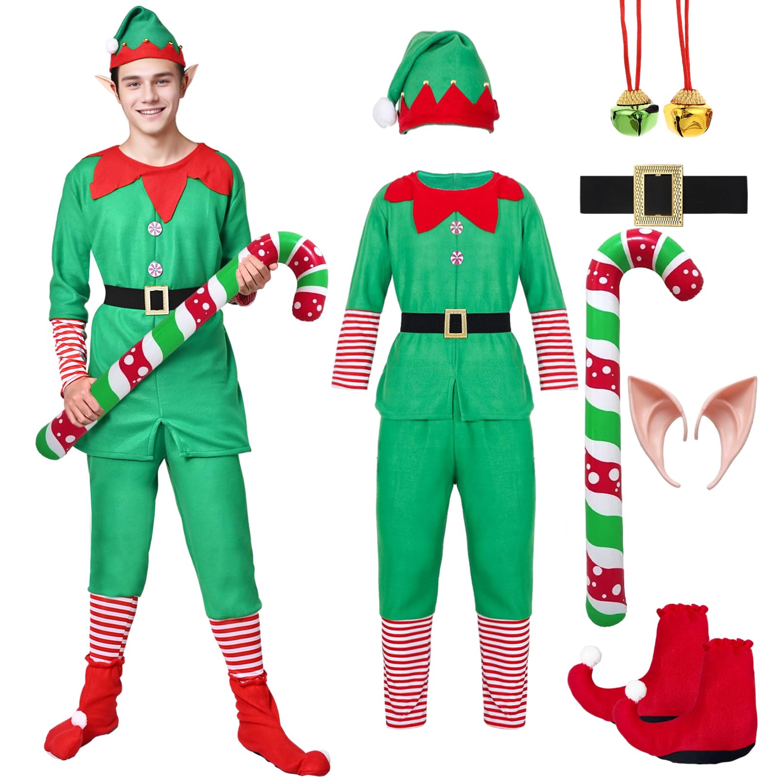 Forfamy Christmas Elf Costume Adult Men Women Kid, Santa's Helper Xmas Festive Outfit Elf Hat Ears Fancy Dress Accessories
