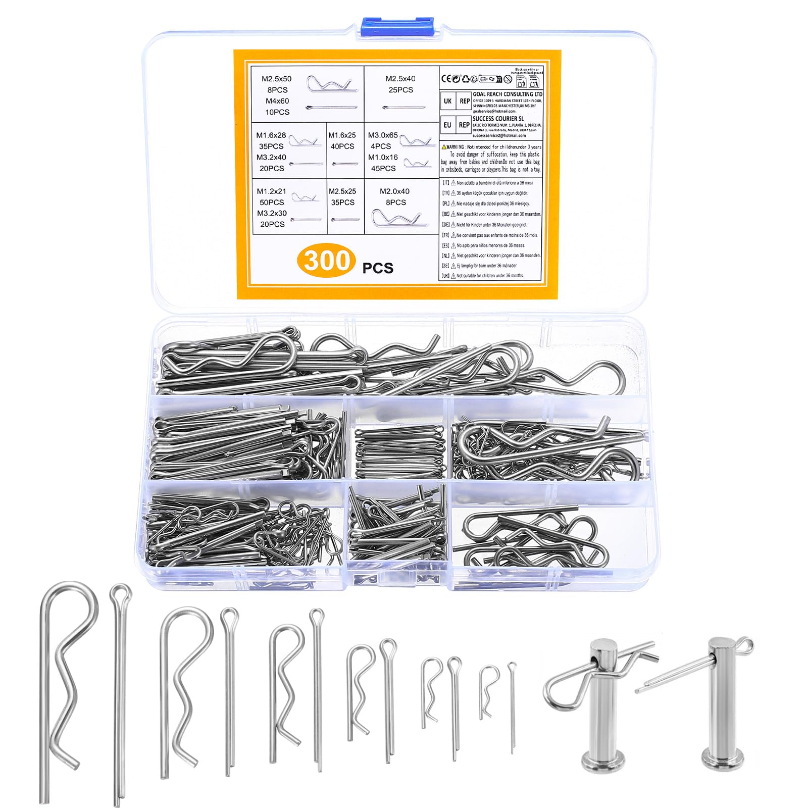 IYEREER 300 Pcs Stainless Steel Cotter Pins & R Clips Assortment Kit