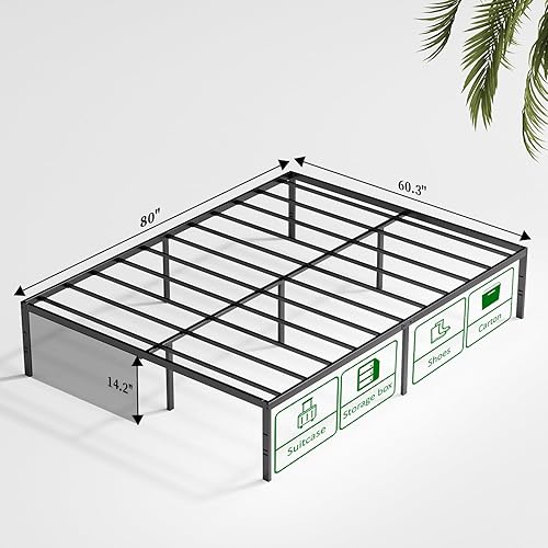 Miniatura 2 de Marco de cama de plataforma de metal tamaño Queen, listones de acero resistente, fácil montaje, no necesita somier, marco de cama de 16 pulgadas de