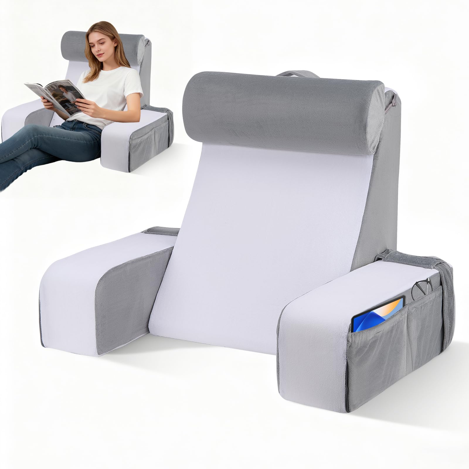 Cuscino da lettura con poggiatesta e braccioli rimovibili, schiuma memory, rivestimento in velluto lavabile, rivestimento rimovibile per leggere, lavorare, guardare la TV, 38x47x57 cm
