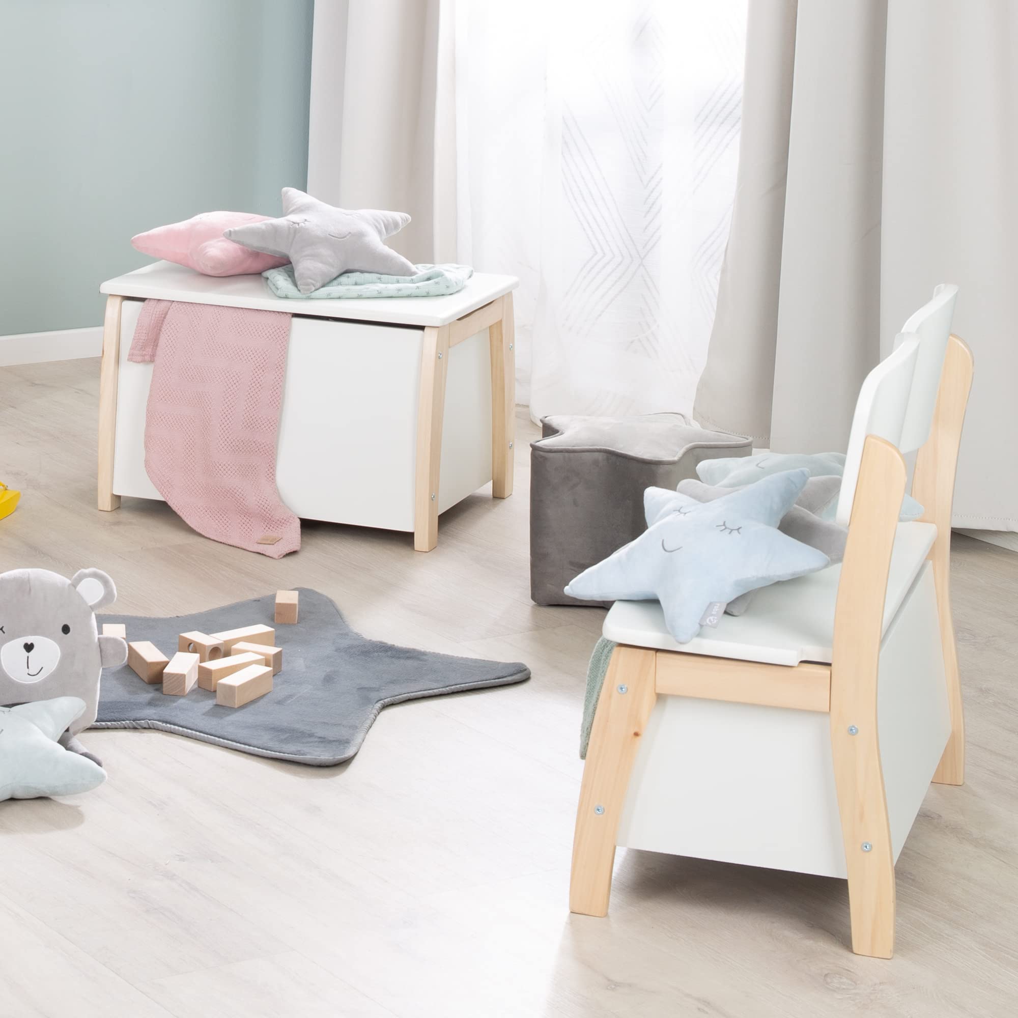 roba Coffre à Jouets pour Enfant - Banc en Bois Massif + Amortisseur - pour Filles et Garçons - Bicolore - Naturel / Blanc