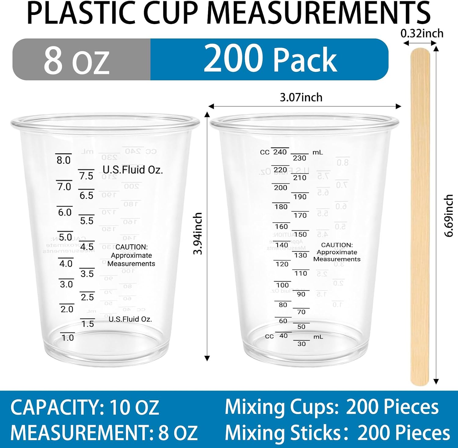 200 PACK Plastic Measuring Cups 8 oz, Disposable Mixing Cups with 200 Pieces Mixing Sticks, Graduated Liquid Measuring Cups for Epoxy Resin, Paint, Mixing, Art DIY