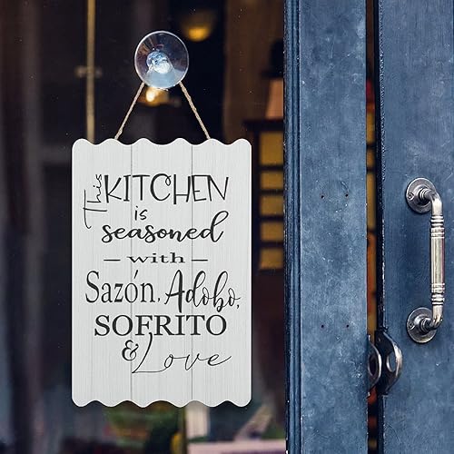 Miniatura 5 de Letrero de madera con texto en inglés «This Kitchen is Seasoned with Sazon» Adobo Sofrito & Love La Cocina española puertorriqueña para decoración