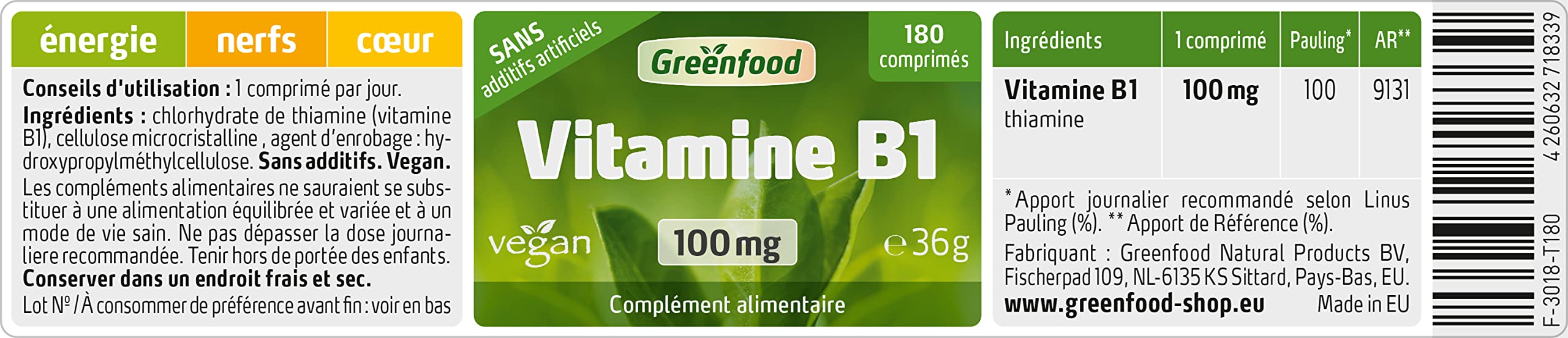 Greenfood Vitamine B1, 100 mg, dose élevée, 180 comprimés, vegan, sans additifs artificiels - Sans génie génétique.